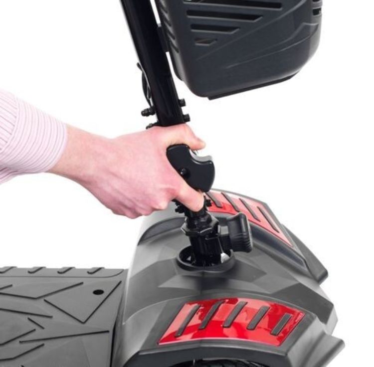 Drive Medical Scout 4-wheel scooter showing adjustable front handles and knob adjustment system