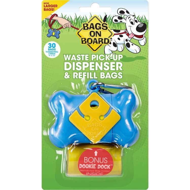 Bags on Board Waste Pick-Up Dispenser and Refill Bags with Dookie Dock 30 bags Blue