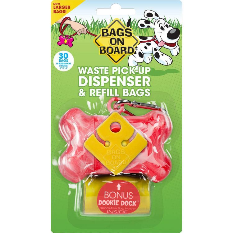 Bags on Board Waste Pick-Up Dispenser and Refill Bags with Dookie Dock 30 bags Pink