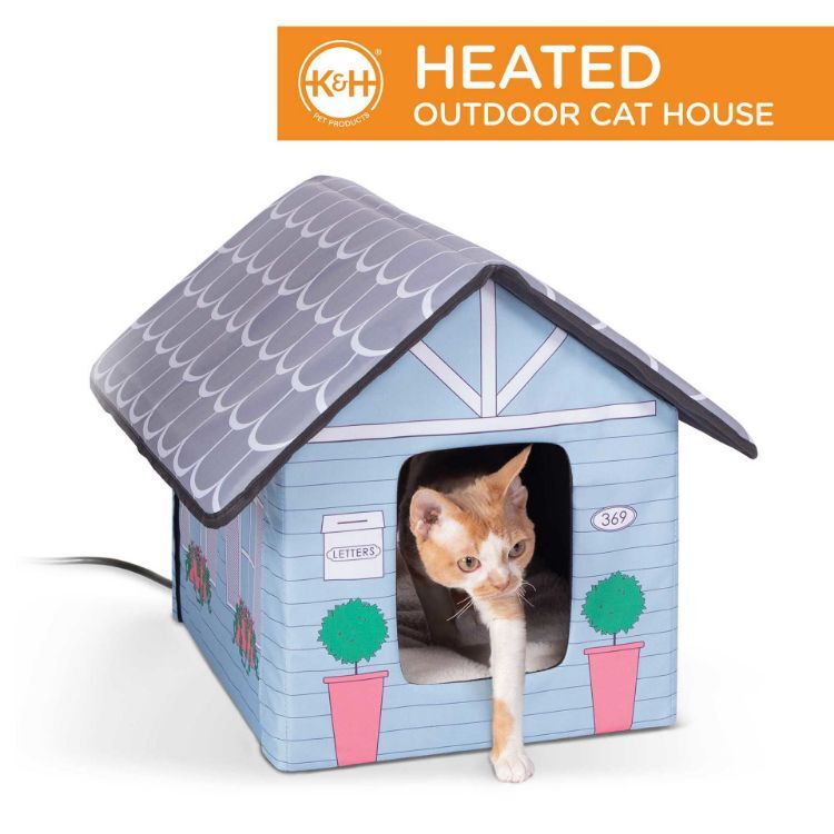 K&H Pet Products Outdoor Heated Kitty House Cat Shelter Cottage Design Blue 18" x 22" x 17"