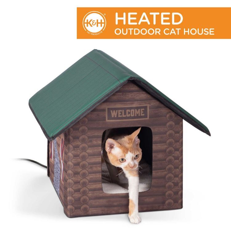 K&H Pet Products Outdoor Heated Kitty House Cat Shelter Log Cabin Design Brown 18" x 22" x 17"
