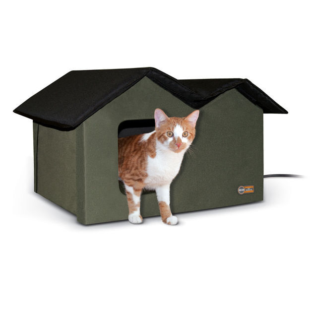 K&H Pet Products Heated Outdoor Kitty House Extra Wide Olive / Black 21.5" x 26.5" x 15.5"