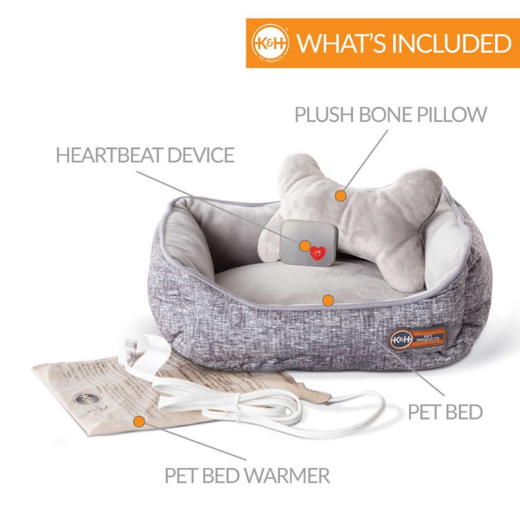 K&H Pet Products Mother's Heartbeat Heated Puppy Pet Bed with Bone Pillow Small Gray 13" x 11" x 5.5"