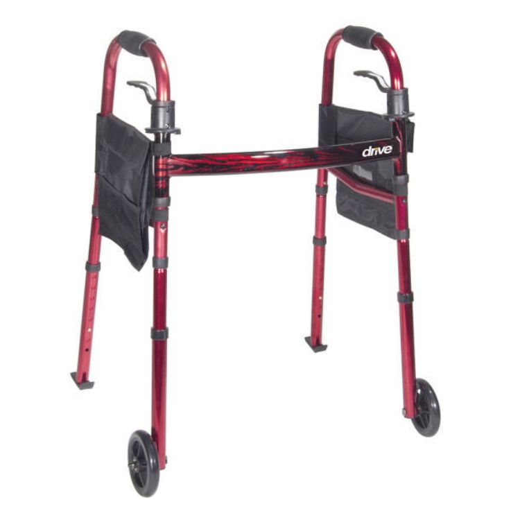 Drive Medical RTL10263KDR folding travel walker with 5-inch wheels – red
