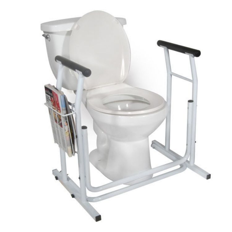 Free-standing Toilet Safety Rail from drive medical and does not need to screw in to a toilet seat