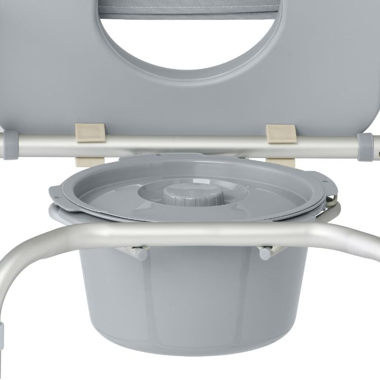 The Medline Padded Shower Chair Commode with Casters is designed to provide comfort and mobility. It has a padded seat and is made of aluminum for support. Four locking casters keep it secure, and it comes with a pail, lid, and splashguard for convenience. The chair can accommodate most users with a weight capacity of 300 lbs.