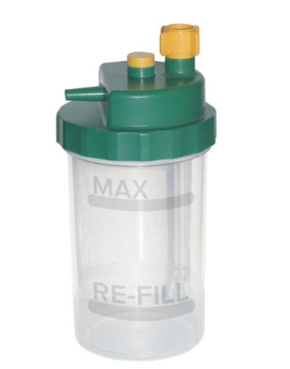 Humidifier Bottle For Drive DeVilbiss Oxygen 10-litre and 5-litre Concentrators.A clear, cylindrical container with a green lid and yellow knobs.