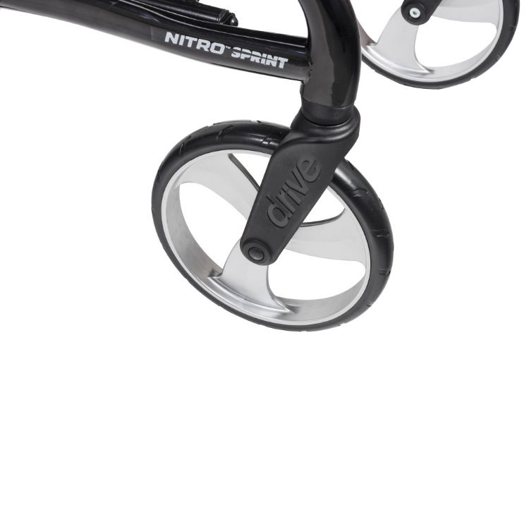 Black Drive Nitro Sprint Rollator With with Accessories (Weight Capacity 350LBS) front wheel 