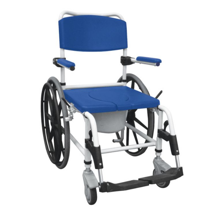 Drive Medical Blue lightweight shower wheelchair with large rear wheels and a removable commode bucket. It is ideal for mobility in bathrooms used as a commode.