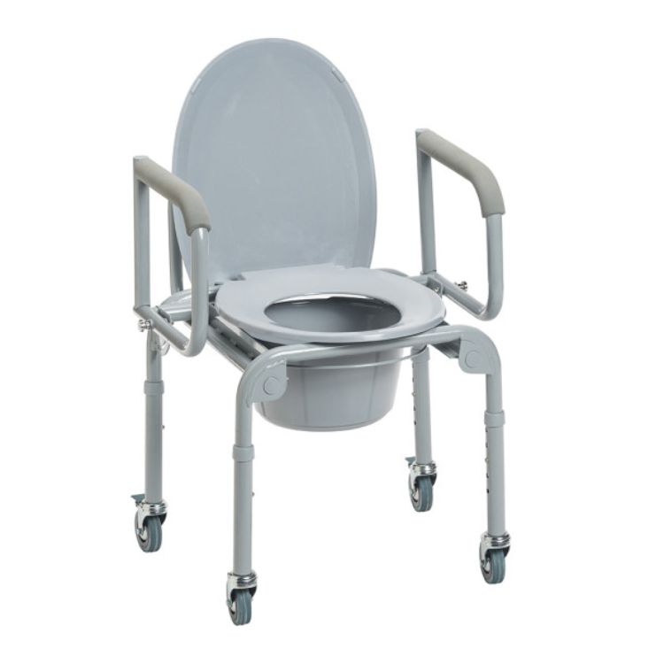 Steel Drop-Arm Commode with Wheels and Padded Armrests by Drive Medical – adjustable height, 300 lb capacity, and rust-resistant frame