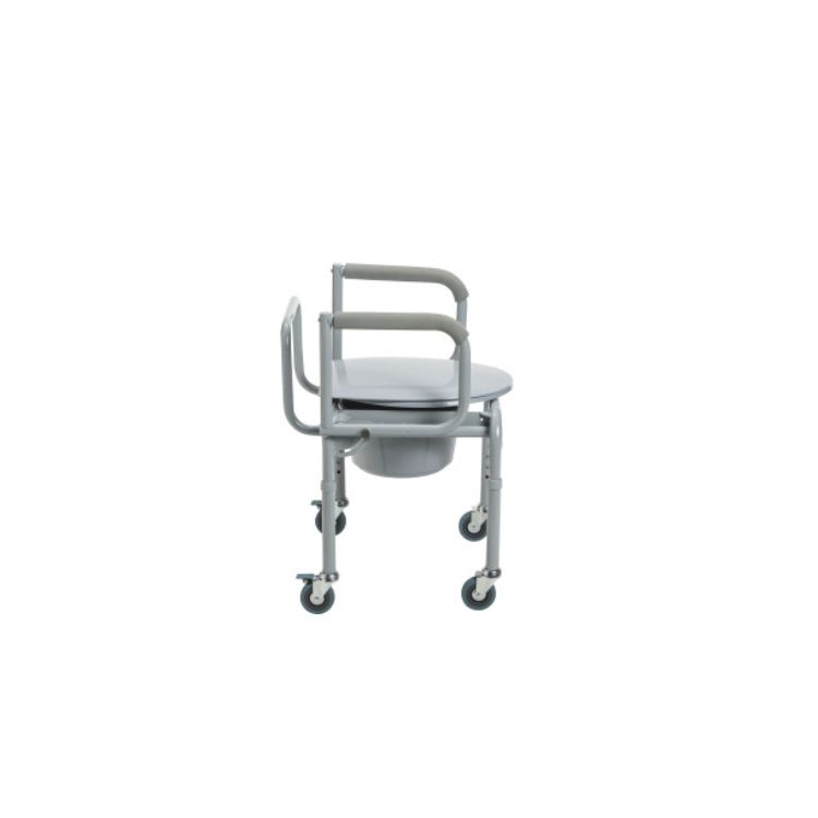 Steel Drop-Arm Commode with Wheels and Padded Armrests by Drive Medical – adjustable height, 300 lb capacity, and rust-resistant frame side view