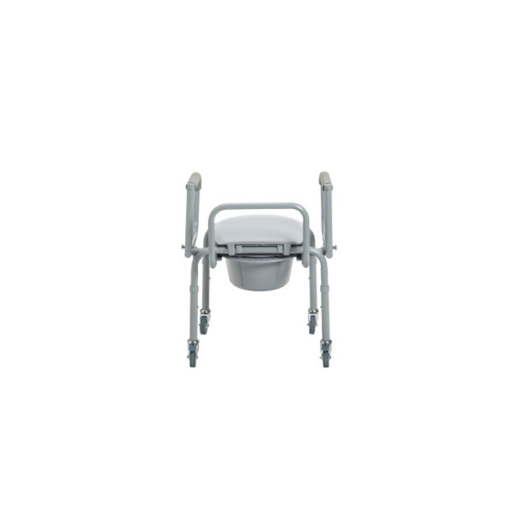 Steel Drop-Arm Commode with Wheels and Padded Armrests by Drive Medical – adjustable height, 300 lb capacity, and rust-resistant frame folded back