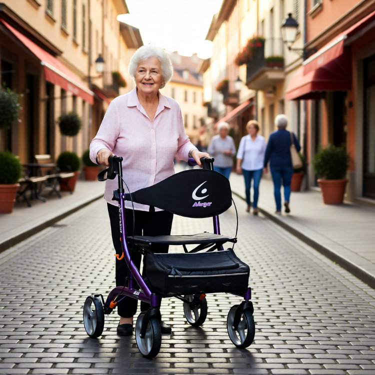 a woman walking the streets with Airgo eXcursion X20 Lightweight Side-Fold Rollator in Eggplant Purple