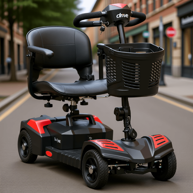 Drive Medical Scout LT 4-wheel scooter full-body image highlighting frame, wheels, and seating 12Ah/24Ah batteries