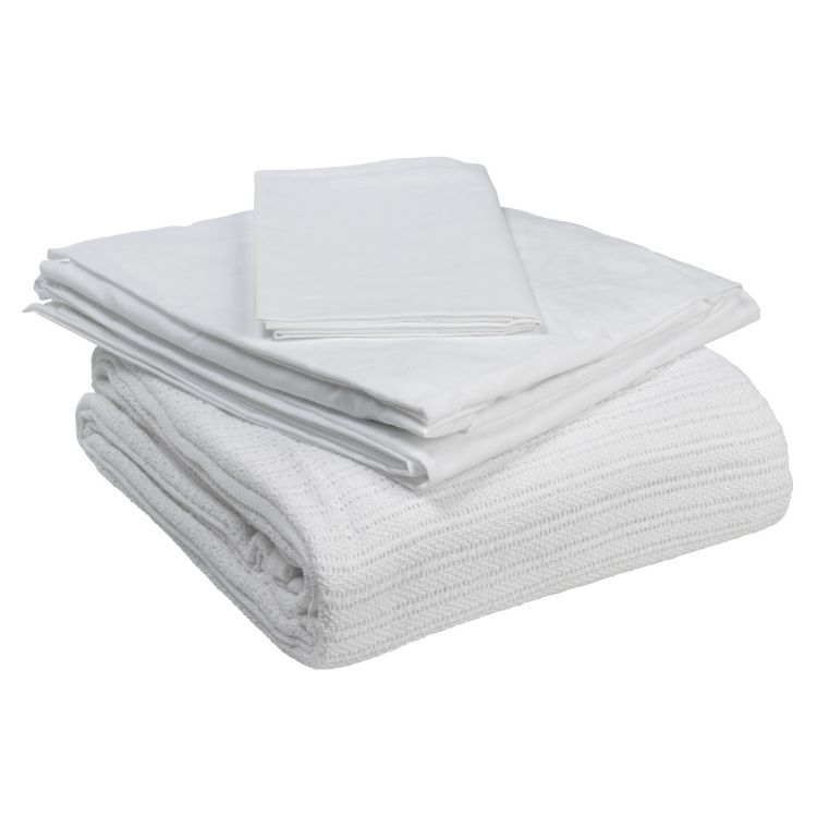 Bedding in a Box set with sheets, blanket, and pillow case for hospital bed