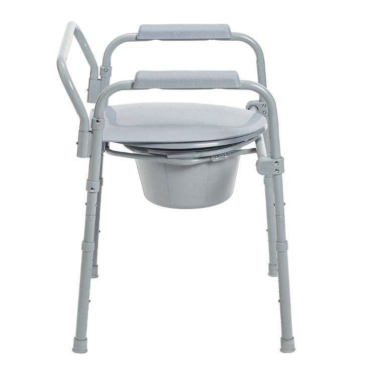 Folding steel commode with snap-on seat and bucket