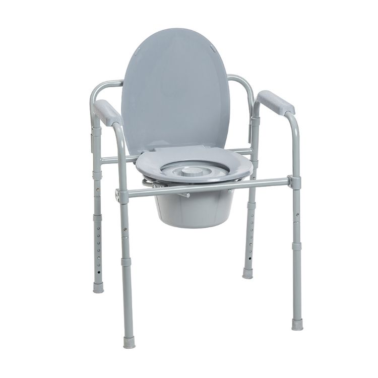 Folding steel commode with snap-on seat and bucket