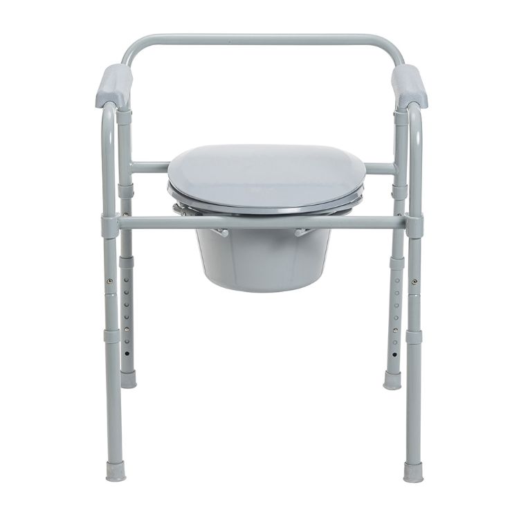Folding steel commode with snap-on seat and bucket