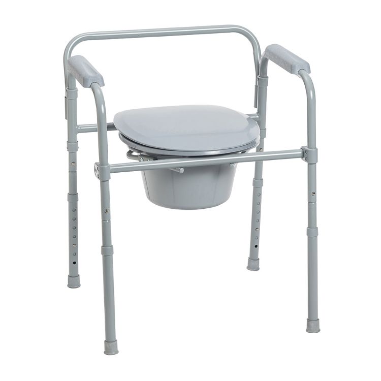 Folding steel commode with snap-on seat and bucket