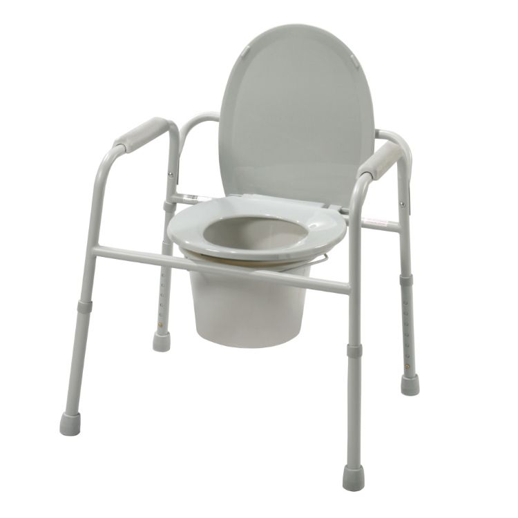 Deeper seat depth steel commode with snap-on seat and large bucket