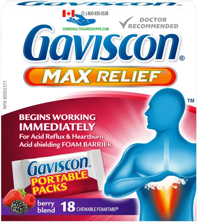 Gaviscon Max Relief berry flavored chewable tablets 18 count pouch