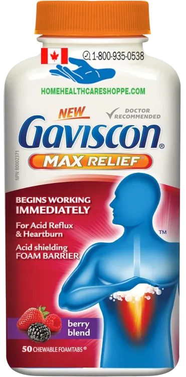Gaviscon Max Relief berry flavored chewable tablets 50 count packaging