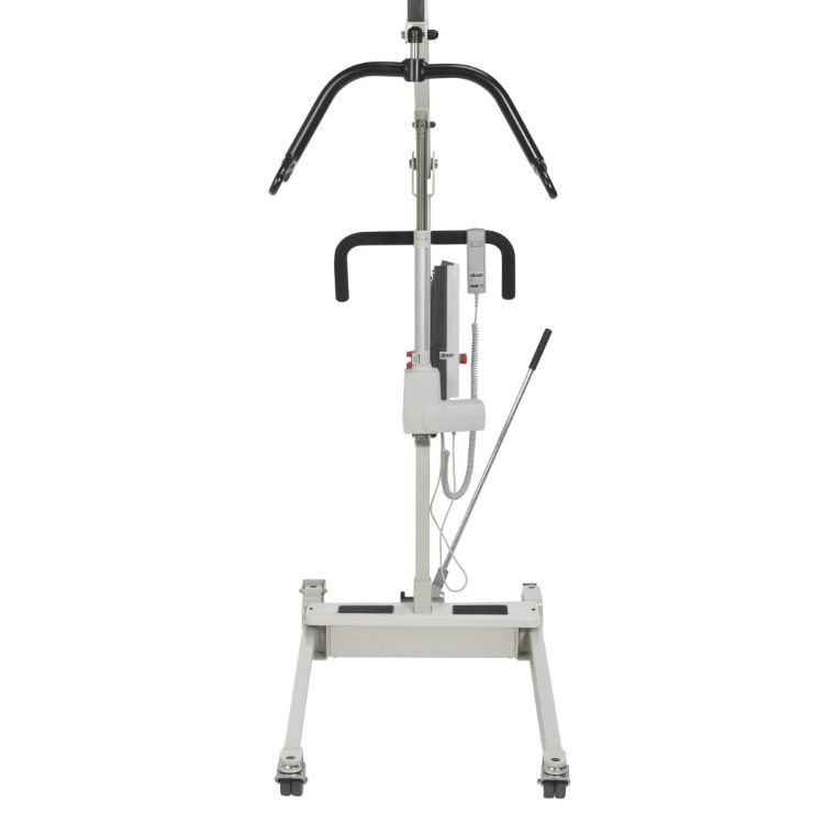 Drive Medical bariatric lift with adjustable base width to accommodate wheelchairs, beds, and recliners during patient transfers.