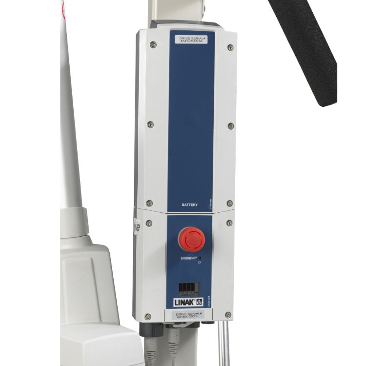 Close-up of the power switch on the Drive Medical bariatric battery-powered patient lift, allowing easy on/off control of the electric lifting system.