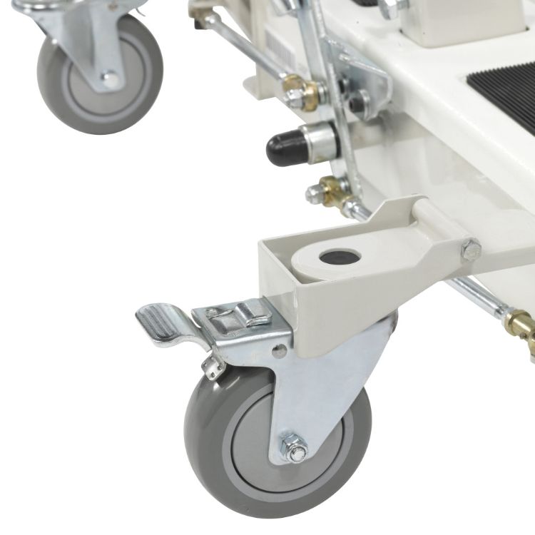 Close-up of heavy-duty locking casters on the Drive Medical bariatric battery-powered patient lift, designed for smooth mobility and secure positioning during transfers.