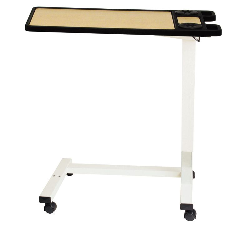 Non-tilt premium overbed table with cup holders and pneumatic height adjustment