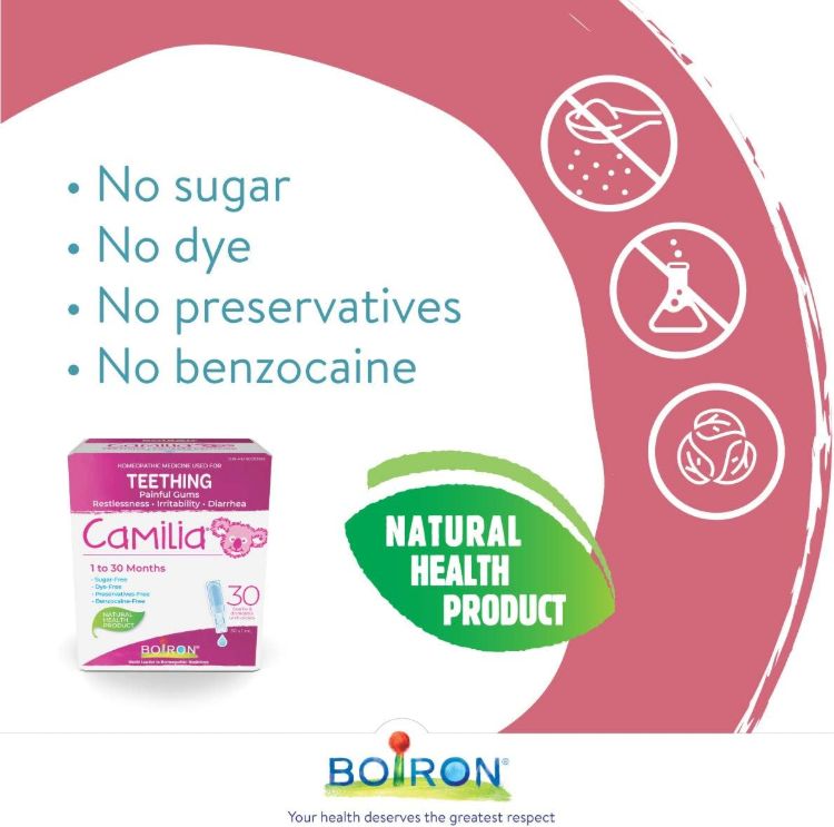 Boiron Camilia Camilia used for pain, restlessness, irritability and diarrhea due to teething. Benzocaine-Free and Preservative-Free, No Sugar, No Dye. 1 to 30 months.