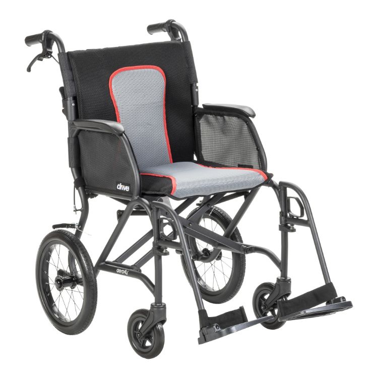Front view of the Drive Medical ultralight magnesium alloy transport chair with desk-length arms, padded seat, and swing-away footrests.