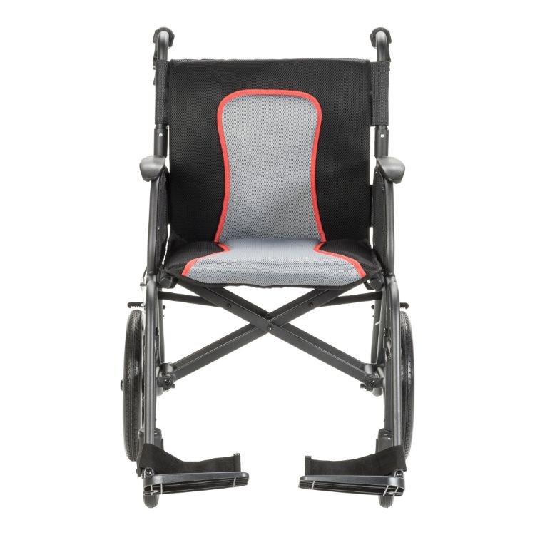 Front view of the Drive Medical ultralight magnesium alloy transport chair showing the seat, padded backrest, desk-length arms, and swing-away footrests.