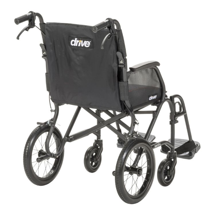 Back side view of the Drive Medical ultralight transport chair with fold-down backrest, carry handles, and attendant brake handles.