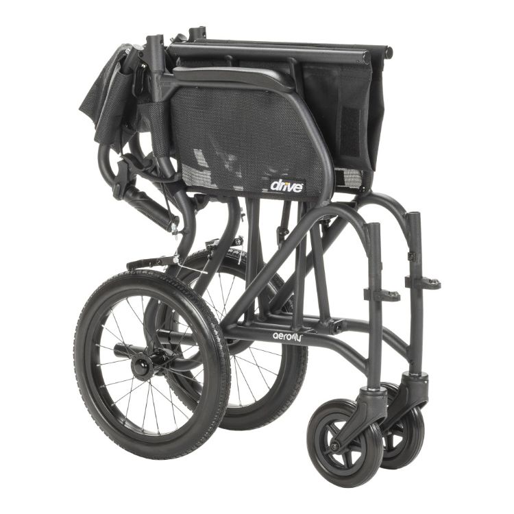 Drive Medical ultralight magnesium alloy transport chair shown in folded position for compact storage and easy transport.