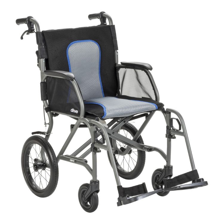 Front view of the Drive Medical ultralight magnesium alloy transport chair with desk-length arms, padded seat, and swing-away footrests.