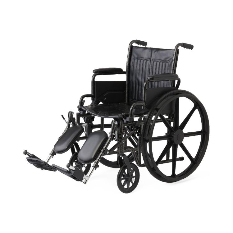 K1 Guardian wheelchair 18 inch with vinyl upholstery, swing-back desk-length arms, and elevating leg rests