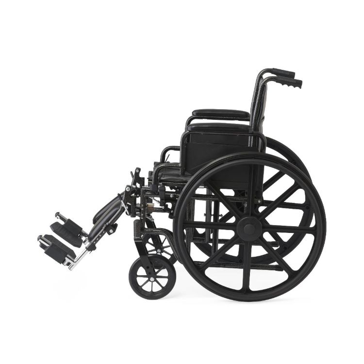 K1 Guardian wheelchair 18 inch with vinyl upholstery, swing-back desk-length arms, and elevating leg rests