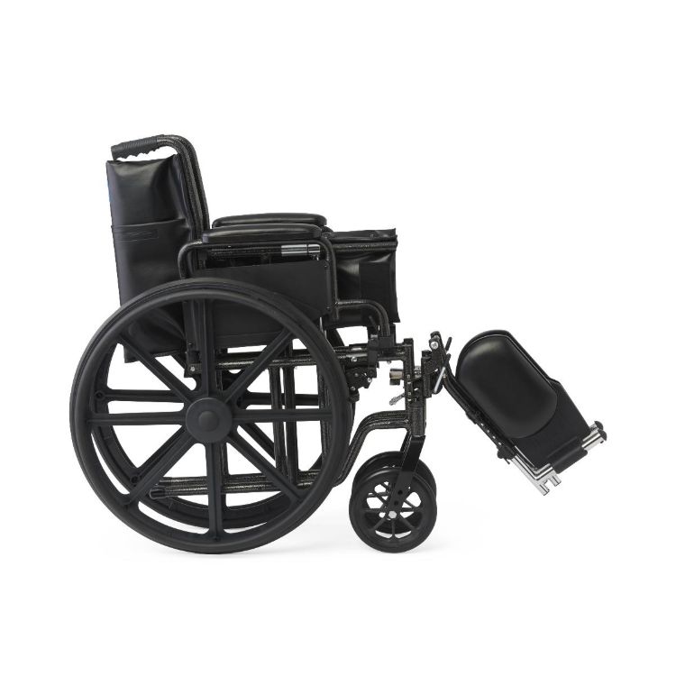 K1 Guardian wheelchair 18 inch with vinyl upholstery, swing-back desk-length arms, and elevating leg rests