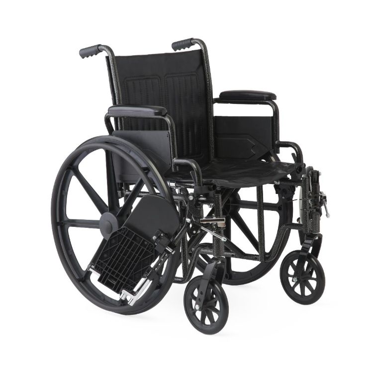 K1 Guardian wheelchair 18 inch with vinyl upholstery, swing-back desk-length arms, and elevating leg rests