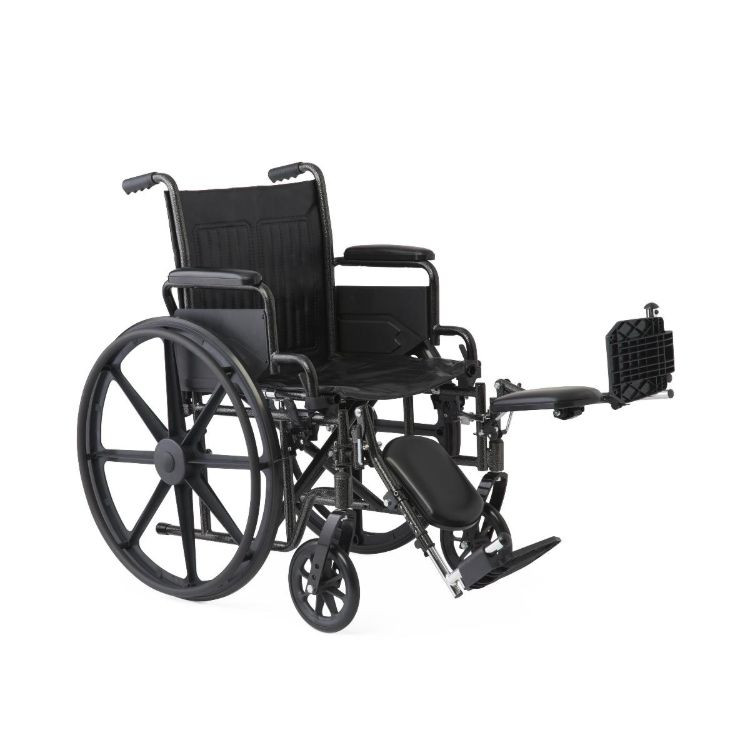 K1 Guardian wheelchair 18 inch with vinyl upholstery, swing-back desk-length arms, and elevating leg rests