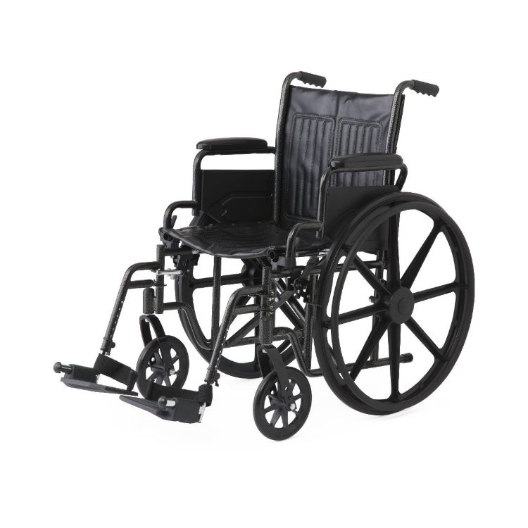 K1 Guardian wheelchair 18 inch with vinyl upholstery, swing-back desk-length arms, and swing-away footrests