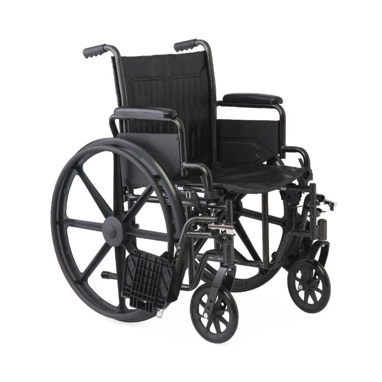 K1 Guardian wheelchair 18 inch with vinyl upholstery, swing-back desk-length arms, and swing-away footrests
